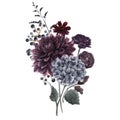 Beautiful bouquet composition with watercolor dark blue, red and black dahlia hydrangea flowers. Stock illustration.