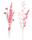 Beautiful bouquet composition with watercolor herbarium wild dried grass in pink and yellow colors. Stock illustration.