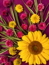 Beautiful bouquet composition of yellow sunflowers and chrysanthemums