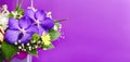 Beautiful bouquet of flowers in lilac wooden basket on purple background. Orchids, chrysanthemums, lilies, chamomiles floral