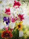 Beautiful bouquet of flowers that are outside the window on the glass of which there are many drops of water