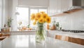 beautiful bouquet of flowers stands on the home against background the kitchen decoration