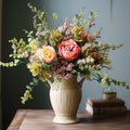 Beautiful bouquet of fresh flowers in a vintage vase, country style home decor and interior design, generative ai Royalty Free Stock Photo