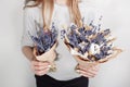 Beautiful bouquet Lavender, cotton, spike with in woman hand . colorful color mix flower