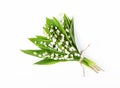 Beautiful bouquet of lilies of the valley isolated on white background. Top view. Royalty Free Stock Photo