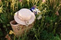 Beautiful bouquet of lupines lies in a bag together with a straw hat on the grass in the field. Horizontal shot