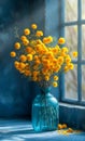 Beautiful bouquet of mimosa flowers in a blue vase. Spring floral still life Royalty Free Stock Photo
