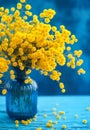 Beautiful bouquet of mimosa flowers in a blue vase. Spring floral still life Royalty Free Stock Photo