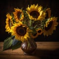 beautiful bouquet of nine sunflowers in soft beautiful lighting