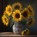 beautiful bouquet of nine sunflowers in soft beautiful lighting.