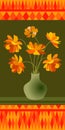 Beautiful bouquet with orange cosmos flowers in vase. Print for card, cover, towel