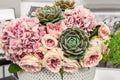 A beautiful bouquet of peony pink roses and large succulent flowers. Selective focus, close-up Royalty Free Stock Photo