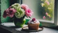 Beautiful bouquet of pink and green flowers in vase and cupcake on window sill. Old vintage room interior decor Royalty Free Stock Photo