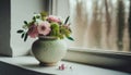 Beautiful bouquet pink and green flowers in vase on window sill, copy space. Old vintage room interior Royalty Free Stock Photo