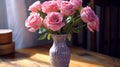 Midday Blooms: A Stunning Bouquet of Pink Roses and Lavender in a Rustic Vase