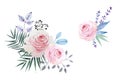 Beautiful bouquet of pink roses and leaves isolated on white background. Watercolor hand drawn Royalty Free Stock Photo