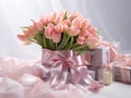 Beautiful bouquet of pink tulips with gift boxes on pink silk fabric