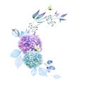 Beautiful bouquet of purple and blue hydrangea flowers, leaves, herbs and yellow lemongrass butterflies isolated on white Royalty Free Stock Photo