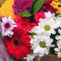 A beautiful bouquet of red gerberas, white chrysanthemums and red roses Royalty Free Stock Photo