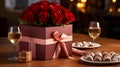 beautiful bouquet of red roses in a pink box, gift, wine in a glass, and chocolates on a plate Royalty Free Stock Photo