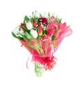 Beautiful bouquet of red and white tulip and one rose Royalty Free Stock Photo