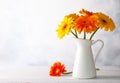 Bouquet of red and yellow flowers in white vase on wooden table, front view. Autumn still life with flowers Royalty Free Stock Photo