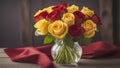 Beautiful Bouquet Of Red And Yellow Roses Arranged In A Clear Glass Vase On A Wooden Table Royalty Free Stock Photo