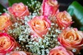 Beautiful bouquet of roses close-up . Pink and yellow mixed Rose, beautiful nature background . Artificial roses on table,Love Royalty Free Stock Photo