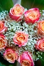 Beautiful bouquet of roses close-up . Pink and yellow mixed Rose, beautiful nature background . Artificial roses on table,Love Royalty Free Stock Photo