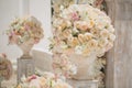 Beautiful bouquet of roses in a vase on a background of a wedding arch. Beautiful set up for the wedding ceremony Royalty Free Stock Photo