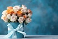 Beautiful Bouquet Of Roses In Vase With Gift Box, Empty Space, On Blue Background. Generative AI