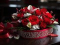 A beautiful bouquet of scarlet roses in a gift box. The concept of Valentine\'s Day