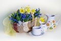 Beautiful bouquet of spring flowers in a basket on a table on a white background Royalty Free Stock Photo