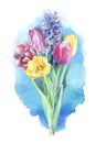 Beautiful bouquet of spring flowers - tulips and hyacinth on blue background.