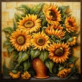 Beautiful bouquet of sunflowers in a rust colored vase.