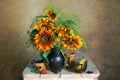 Still life of sunflowers in a vase of black currant berries with flowers Royalty Free Stock Photo