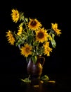 Beautiful bouquet of sunflowers in vase on a black table over black background Royalty Free Stock Photo