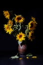 Beautiful bouquet of sunflowers in vase on a black table over black background Royalty Free Stock Photo