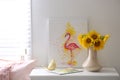 Beautiful bouquet of sunflowers in vase on white table indoors Royalty Free Stock Photo