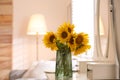 Beautiful bouquet of sunflowers in vase on white table indoors. Space for text Royalty Free Stock Photo