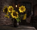 Beautiful bouquet of sunflowers in vase on a wooden table Royalty Free Stock Photo