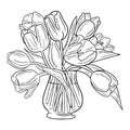 Beautiful bouquet with tulip flowers in glass vase isolated on white background. Hand drawn vector sketch illustration in vintage Royalty Free Stock Photo