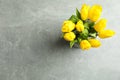 Beautiful bouquet tulips in vase on gray background, top view Royalty Free Stock Photo