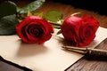 A beautiful bouquet of two red roses gracefully placed on a piece of paper, creating a romantic and elegant contrast., A single