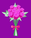 Beautiful bouquet , vector image , pink roses with a bow on a purple background