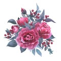 Beautiful bouquet with viva mangenta roses, buds, leaves, eucalyptus,and red berries in vintage style. Watercolor on