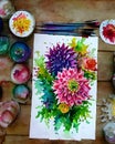 Watercolor painting of a bouquet of colorful dahlias on a wooden background with brushes, watercolor paints, Ai Generated