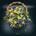Beautiful bouquet of yellow and blue dried flowers. Roses in a wicker basket on a black background. Composition of withered Royalty Free Stock Photo