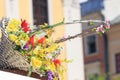 Beautiful bouquet of yellow flowers in wicker brown basket