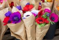 Beautiful bouquets of Anemone coronaria flowers in blue, purple, white, red colors in the flowers shop. Royalty Free Stock Photo